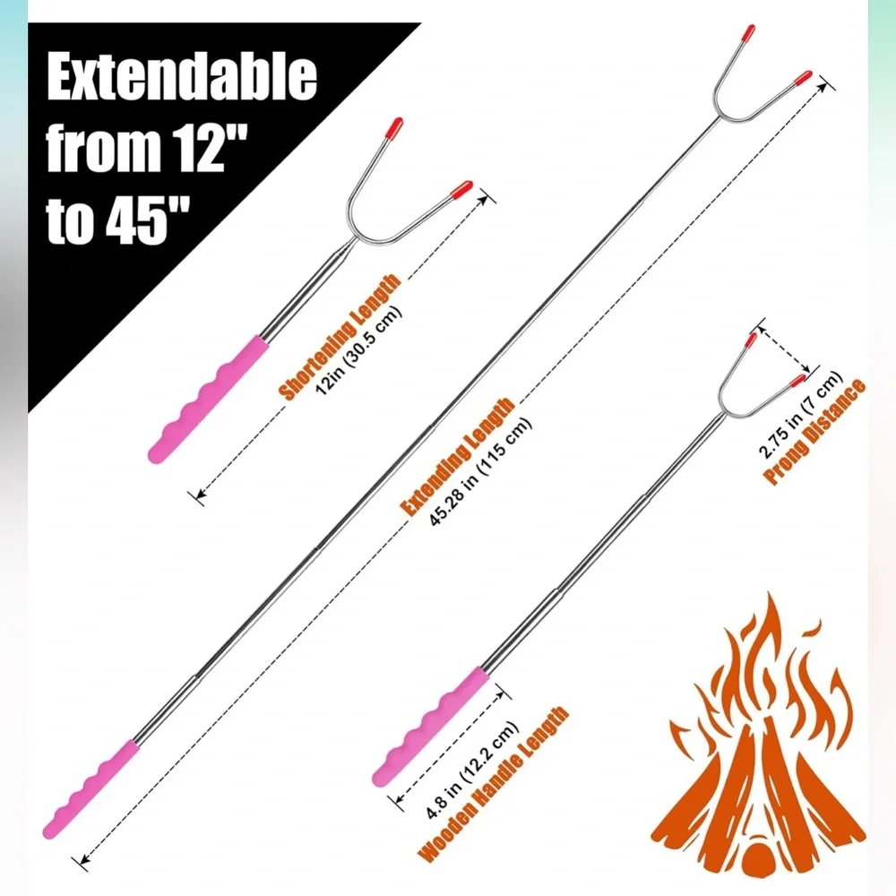 NWT (5) Extendable Marshmallow Roasting Sticks Extra Long 45'' Stainless Steel - Picture 3 of 7